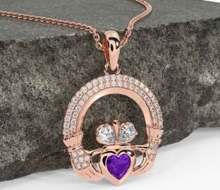 Diamond Amethyst Rose Gold Silver Claddagh Necklace