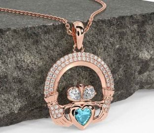 Diamond Aquamarine Rose Gold Silver Claddagh Necklace