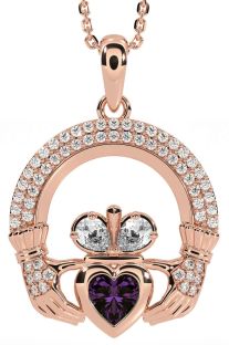 Diamond Alexandrite Rose Gold Silver Claddagh Necklace