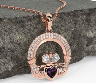 Diamond Alexandrite Rose Gold Silver Claddagh Necklace