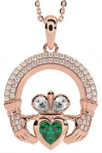 Diamond Emerald Rose Gold Silver Claddagh Necklace