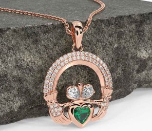 Diamond Emerald Rose Gold Silver Claddagh Necklace
