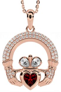 Diamond Garnet Rose Gold Silver Claddagh Necklace