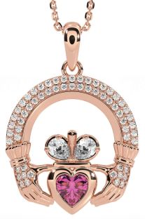 Diamond Pink Tourmaline Rose Gold Silver Claddagh Necklace