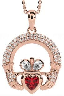 Diamond Ruby Rose Gold Silver Claddagh Necklace