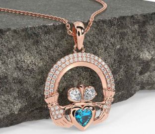 Diamond Topaz Rose Gold Silver Claddagh Necklace