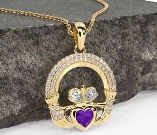 Diamond Amethyst Gold Silver Claddagh Necklace