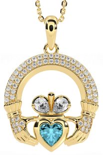 Diamond Aquamarine Gold Silver Claddagh Necklace