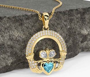 Diamond Aquamarine Gold Silver Claddagh Necklace