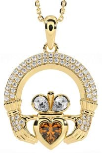 Diamond Citrine Gold Silver Claddagh Necklace