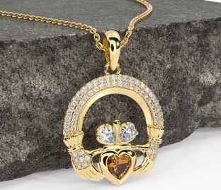 Diamond Citrine Gold Silver Claddagh Necklace