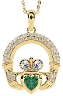 Diamond Emerald Gold Silver Claddagh Necklace