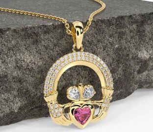 Diamond Pink Tourmaline Gold Silver Claddagh Necklace