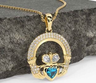 Diamond Topaz Gold Silver Claddagh Necklace