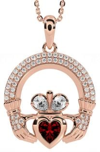 Diamond Garnet Rose Gold Claddagh Necklace