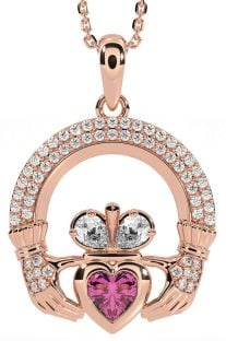 Diamond Pink Tourmaline Rose Gold Claddagh Necklace