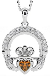 Diamond Citrine Silver Claddagh Necklace