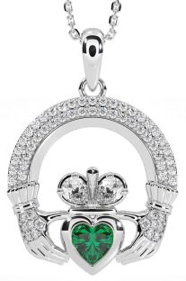 Diamond Emerald Silver Claddagh Necklace