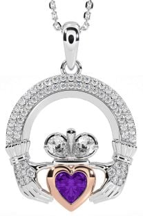 Diamond Amethyst Rose Gold Silver Claddagh Necklace