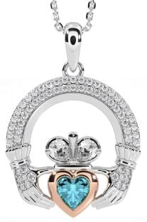 Diamond Aquamarine Rose Gold Silver Claddagh Necklace