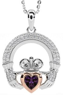 Diamond Alexandrite Rose Gold Silver Claddagh Necklace