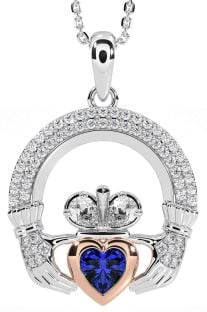 Diamond Sapphire Rose Gold Silver Claddagh Necklace