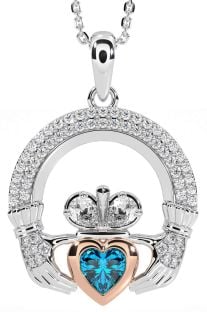 Diamond Topaz Rose Gold Silver Claddagh Necklace