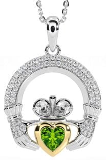 Diamond Peridot Gold Silver Claddagh Necklace