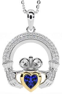 Diamond Sapphire Gold Silver Claddagh Necklace