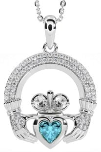 Diamond Aquamarine White Gold Claddagh Necklace
