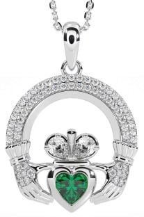 Diamond Emerald White Gold Claddagh Necklace