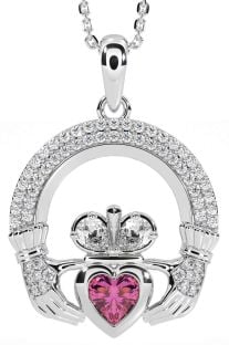 Diamond Pink Tourmaline White Gold Claddagh Necklace