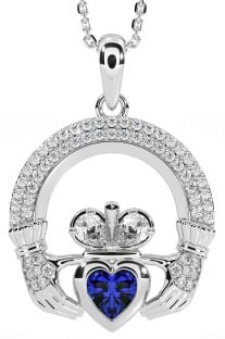 Diamond Sapphire White Gold Claddagh Necklace