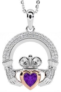 Diamond Amethyst White Rose Gold Claddagh Necklace