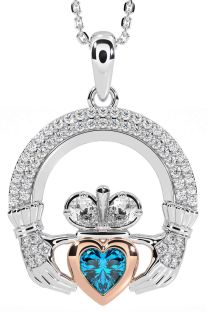 Diamond Topaz White Rose Gold Claddagh Necklace