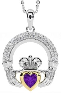 Diamond Amethyst White Yellow Gold Claddagh Necklace