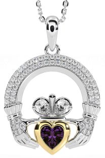 Diamond Alexandrite White Yellow Gold Claddagh Necklace