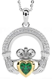 Diamond Emerald White Yellow Gold Claddagh Necklace