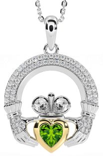 Diamond Peridot White Yellow Gold Claddagh Necklace