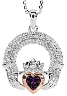 Diamond Alexandrite Rose Gold Silver Claddagh Celtic Trinity Knot Necklace