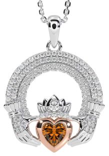 Diamond Citrine Rose Gold Silver Claddagh Celtic Trinity Knot Necklace