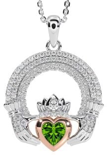 Diamond Peridot Rose Gold Silver Claddagh Celtic Trinity Knot Necklace