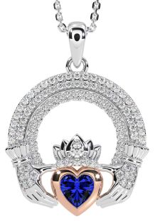 Diamond Sapphire Rose Gold Silver Claddagh Celtic Trinity Knot Necklace