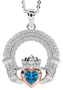 Diamond Topaz Rose Gold Silver Claddagh Celtic Trinity Knot Necklace