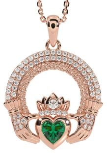 Diamond Emerald Rose Gold Silver Claddagh Celtic Trinity Knot Necklace