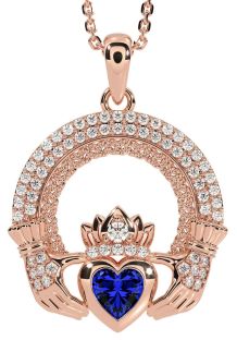Diamond Sapphire Rose Gold Silver Claddagh Celtic Trinity Knot Necklace