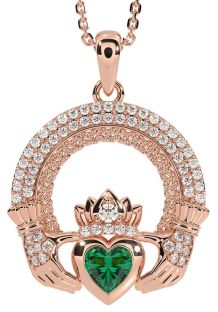 Diamond Emerald Rose Gold Claddagh Celtic Trinity Knot Necklace