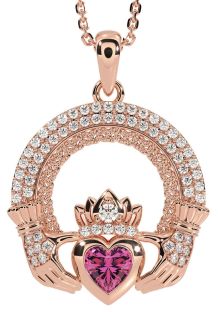 Diamond Pink Tourmaline Rose Gold Claddagh Celtic Trinity Knot Necklace