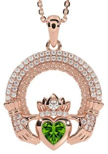 Diamond Peridot Rose Gold Claddagh Celtic Trinity Knot Necklace