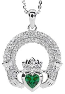 Diamond Emerald Silver Claddagh Celtic Trinity Knot Necklace